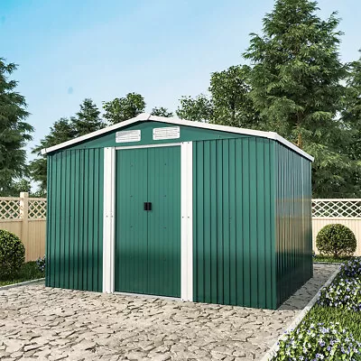 8 X 6FT Green Garden Sheds Outdoor Apex Roof Metal Shed Storage House Free Base • £275.95