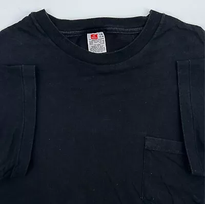 Vintage 80s BLANK BLACK HANES POCKET T-Shirt LARGE Single Stitch Soft Thin • $29.99