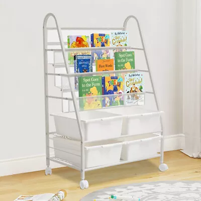 Children Kids Bookcase Ladder Bookshelf Metal Mesh Book Rack W/4 Toy Storage Box • £45.95