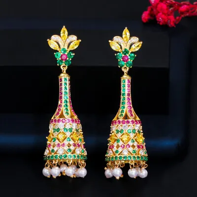 Vintage Rose Red Green CZ Yellow Gold Plated Women Bird Cage Pearl Drop Earrings • $12.99