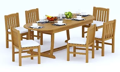 7-Pc Outdoor Teak Dining Set: 94  Masc Oval Extn Table 6 Armless Chairs Devon • $3447.08