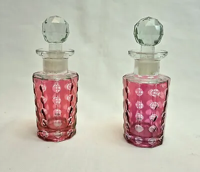 Pair Vintage Glass Perfume Bottles With Stoppers Cranberry Coloured Externally. • £70