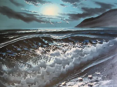 £17.95 • Buy Sunset Sea Ocean Large Oil Painting Canvas Dark Blue Black Original Modern Art