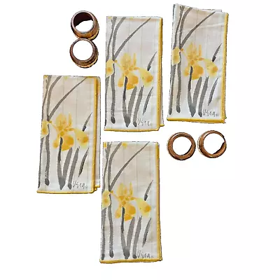 Vintage Vera Neumann Iris Yellow Cloth Napkin Set With Wooden Rope Napkin Rings • $19.99
