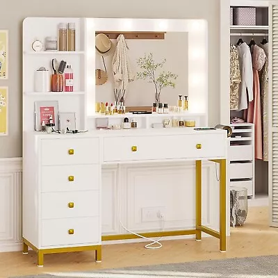 Vanity Desk With LED Lights Makeup Dressing Table With Hair Dryer Holder White • $189.89