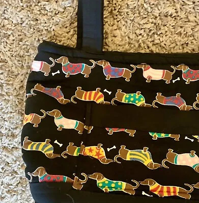 Dachshund Black Cloth Tote Handbag Purse With Many Pockets 22x12” Great Gift • $22