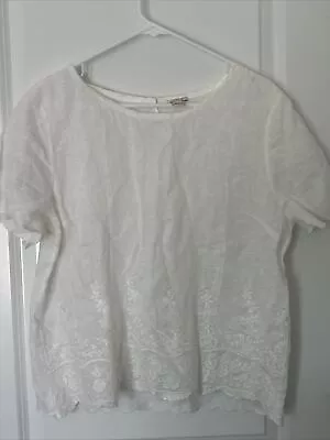 J Crew Embroidered White Linen Top Scallops Keyhole Neck Sz 12 • $15