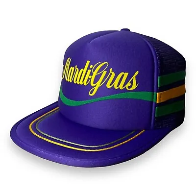 VINTAGE Mardi Gras Hat Cap Trucker Three Stripe Mesh Snap Back 80s Purple OSFA • £33.95