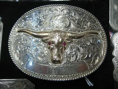 RARE OVAL McCABE Silversmiths Sterling 10K LONGHORN STEER Buckle - MINT CRISP • $3500