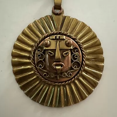 Vintage Latin American Mayan Aztec Brass Copper Large Medallion Pendant & Chain • $125
