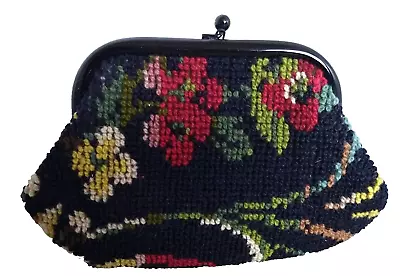 FLAH CO Black Jana Floral Carpet Purse Hand Bag Boho Grannycore • $34.87