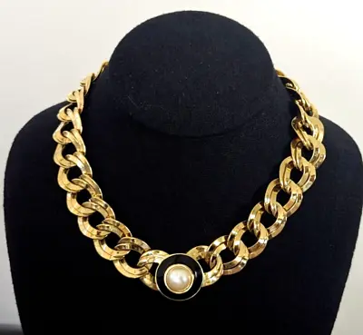 Vtg Monet Necklace Gold Tone Chunky Link Faux Pearl Enamel 80s Choker Runway • $67.49