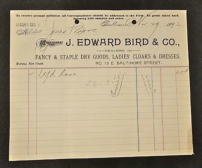 1892 J Edward Bird & Co Billhead Receipt 1 Yard Of Lace Baltimore MD • $14