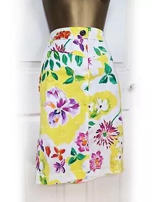 MARC CAIN Summery Yellow Pink Floral Cotton Pencil Bodycon Skirt Size 16 - NWOT • £25.99