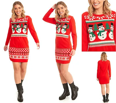 £11.95 • Buy Womens Christmas Jumper Dress Knitted Snowman Flake Xmas Red Long Length Ladies