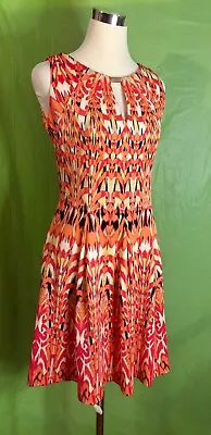 Gabby Skye Size 4 Fit And Flare Pleated Multicolor Orange Sleeveless Dress • $17.99