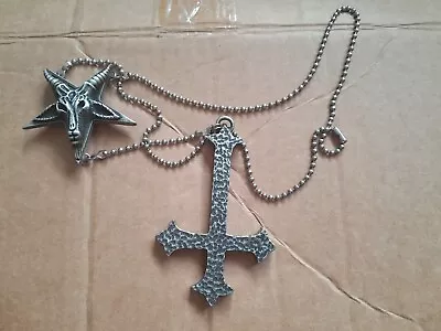 Gothic Mystic Pentagram With Satanic Goat Head & Inverted Cross Necklace • £4