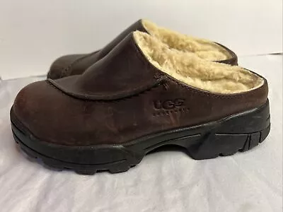 UGG Clogs Womens Size 7 Brown Leather Real Sheepskin Lined Slip On Australia • $24.99