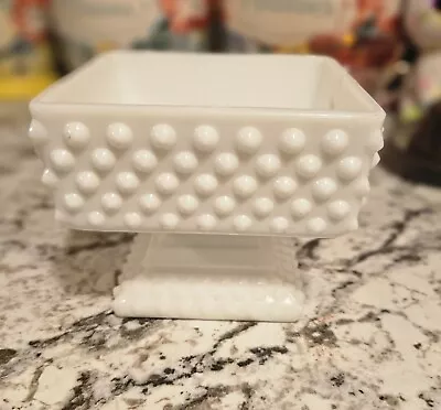 Hobnail White Milk Glass Pedestaled Candy Dish - Art Glass - 5  Square • $10