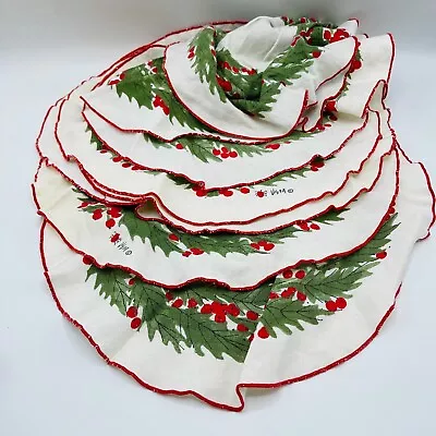 Vintage 70s 8 Linen Vera Neumann Holly Wreath Round Placemats Christmas Holiday • $250