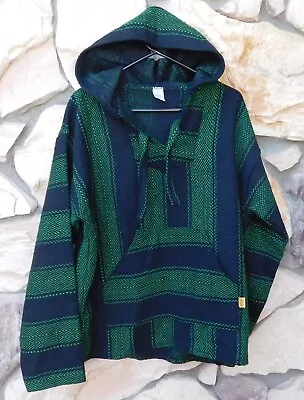 MOLINA Mexican Baja Reggae Rasta Pancho Hoodie Hippie Pocket 42-44 L GREEN BLACK • $24.95