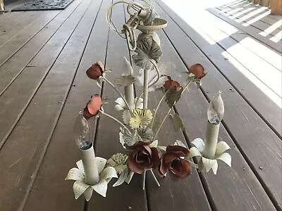 Metal Rose And Candle 3 Light Chandelier Vintage Floral Hanging Lamp • $99