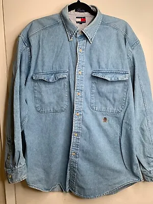 Vintage 90's Tommy Hilfiger Blue Denim Button Front Long Sleeve Shirt Men's Med • $20.89
