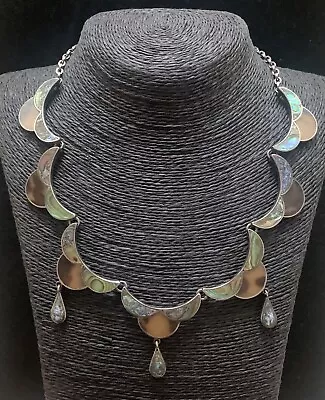 Vintage Mexican STERLING TAXCO Silver Inlay Bib Collar 18 Inch Necklace • $298