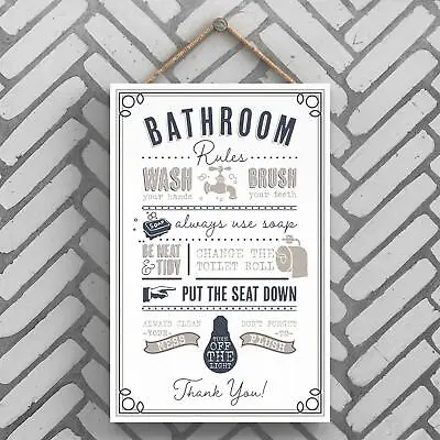 £7.99 • Buy Bathroom Rules Modern Grey Typography Home Humour Wooden Hanging Plaque