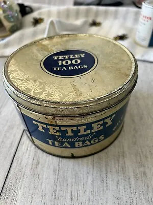 VINTAGE TETLEY HINDREDS TEA BAG TIN Box Round EMPTY CANISTER Container 6in • $8