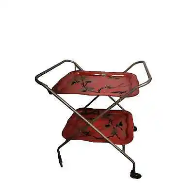 Serving Cart Two Tier W/ 2 Red Metal Trays Wheels Mid Century Retro Vintage • $113.52