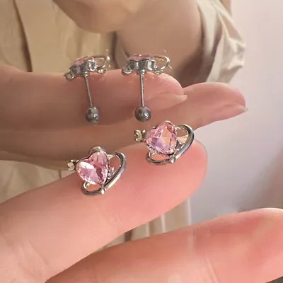 1Pair Pink Heart Zircon Ear Bone Nail Spiral Stud Earrings For Women Girls P ❤TH • $6.80