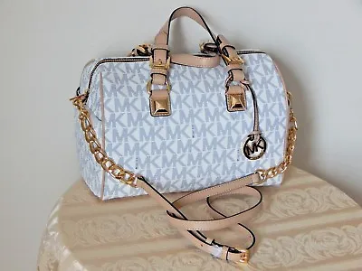 Michael Kors Signature GRAYSON White Navy MD Chain Satchel Handbag • $199.10