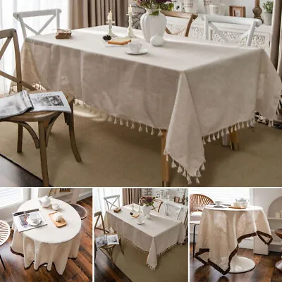 Vintage Linen Table Cloth Cover Tassel Rectangle Tablecloth Dining Kitchen Decor • £29.36