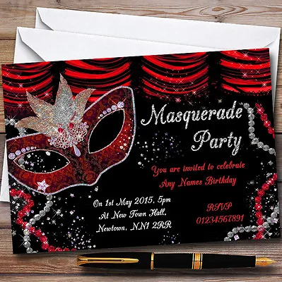 Red & Black Mask Masquerade Ball Personalised Party Invitations • £89.95