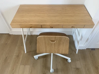 £100 • Buy IKEA LILLASEN DESK-Bamboo Desk Top With 3 Drawers And White Metal Legs.