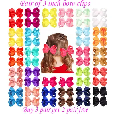 3 Inch 3  Baby Girls Kids Ribbon Bow Alligator Hair Clip Bows Clips School Pair • £2.99