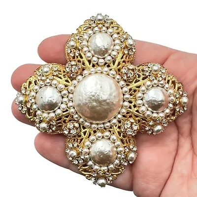 Vintage Miriam Haskell Womens Brooch Baroque Pearl Rhinestone Maltese Cross Pin • $599.99