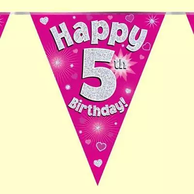 AGE 5 PINK BUNTING - 3.9metres  11 FLAGS BANNER  - GIRLS 5TH BIRTHDAY PARTY Five • £2.19