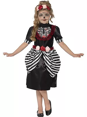 Sugar Skull Day Of Dead Girls Childs Kids Halloween Fancy Dress Costume 4-12 • £14.43