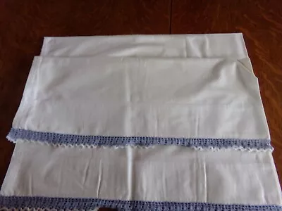 Blue And White Crocheted Edging On White  Pillow Cases 20  By 30  • $7.50