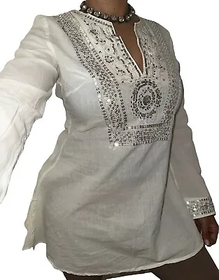 Miss ME Sweet Brand Womens Sz L White Metallic Silver Sequin Tunic Resort Shirt • $9