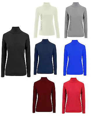 Womens Ladies Ribbed Polo Neck Top Jumper Turtle Roll Neck Full Sleeve Plain Top • £3.79
