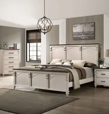 Gorgeous Queen Size Bed 1pc Bedroom Set Antique White Two Tone Solid Wood HB FB • $1025