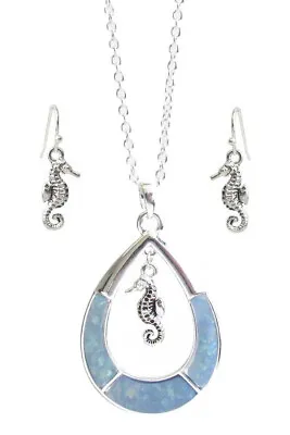 Blue Sea Glass Teardrop And Seahorse Pendant Necklace And Earrings Set For Women • $19.95
