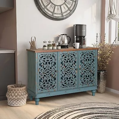 Sideboard Buffet Storage Cabinet W/3 Door Farmhouse Coffee Bar Cabinet Carved • $219.99