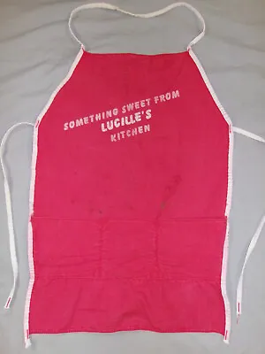 VTG 60S 70s DENIM WORK APRON ~LUCILLE'S KITCHEN~ SHOP CLERK RED CHEF COOK • $29.99