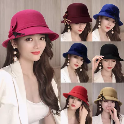 Women Elegant Retro Wool Felt Bucket Cap Ladies Flower Cloche Church Bowler Hats • $16.04