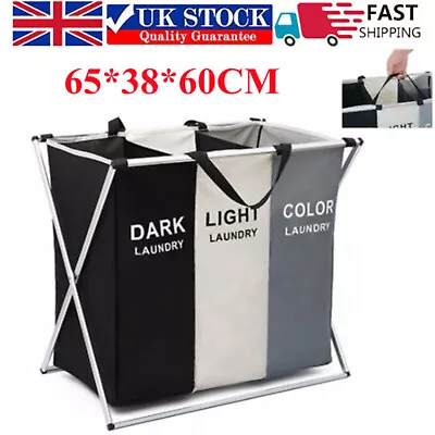 Laundry Basket Hamper Clothes Bin Organiser Folding Light Dark Colour 3 Section • £14.99