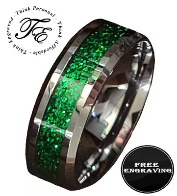 Engraved Men's Green Emerald Tungsten Wedding Ring Band • $44.99